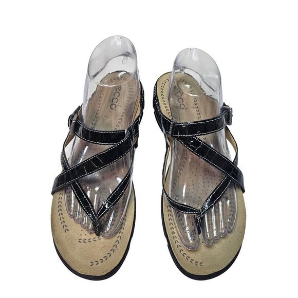 ECCO Sz39 Strappy Patent Croco pattern‎ flip flops leather slippers. Comfy. Boho - Picture 1 of 10